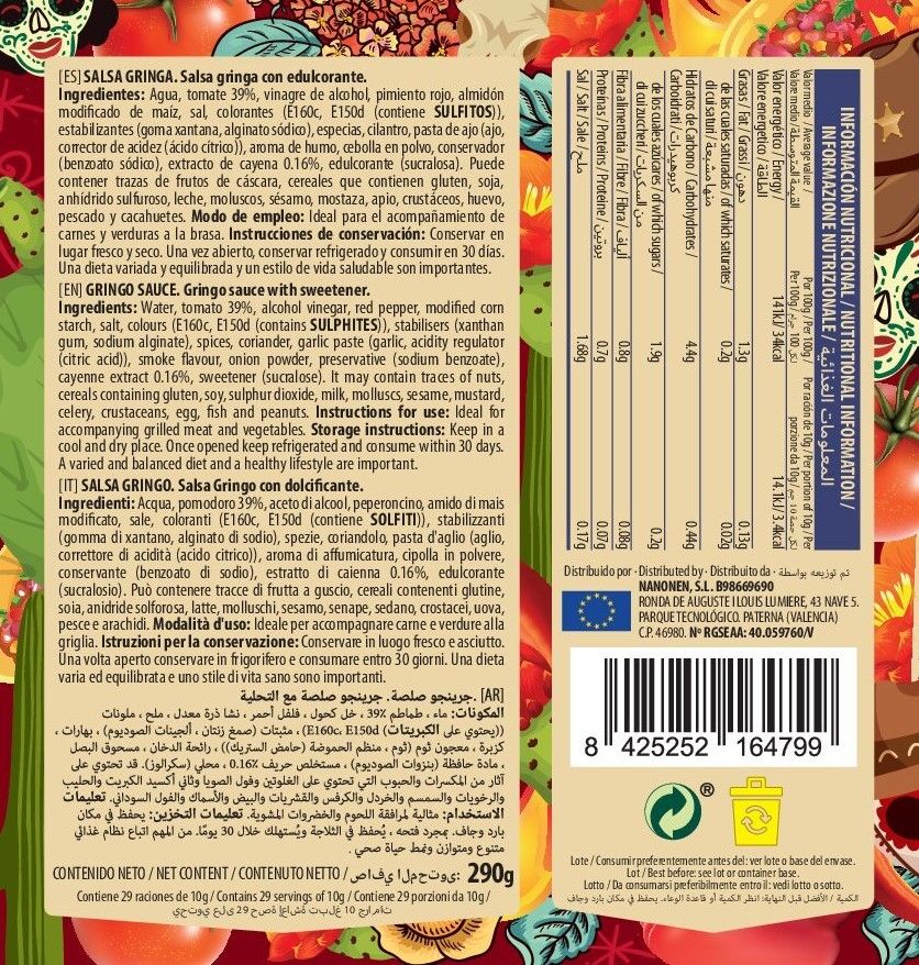 NOTIFICAR Etiqueta MAX salsas MEXICAN GRINGA 214x120mm 20220104